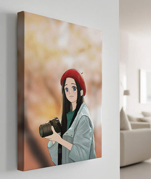 Chica de anime con boina roja sosteniendo una cámara durante el otoño