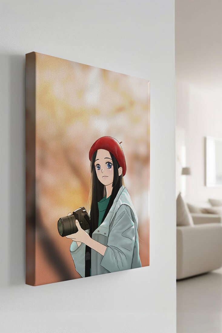 Anime girl in red beret holding camera during autumn