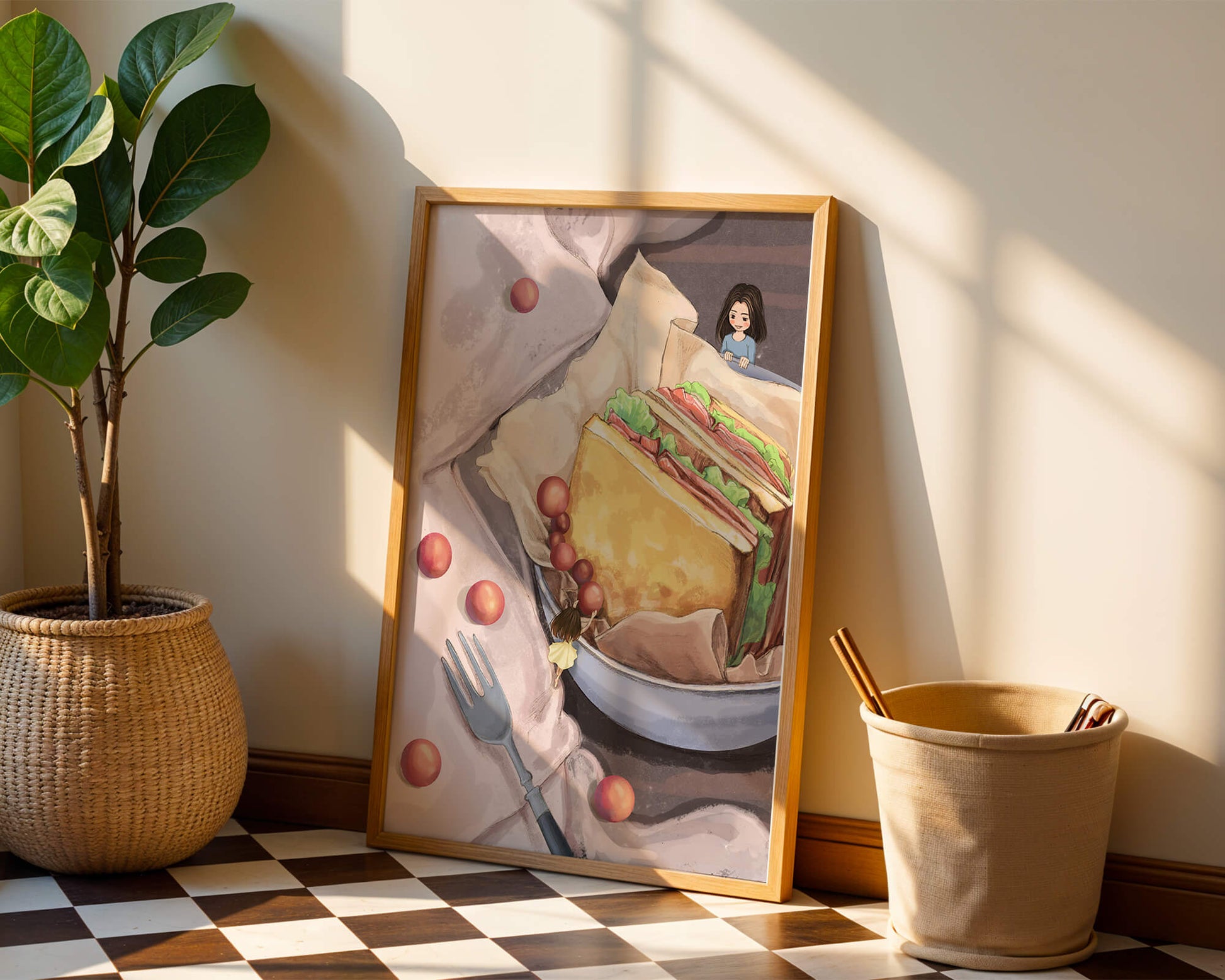 Niñas miniatura caprichosas cerca de un sándwich con tomates y tenedor