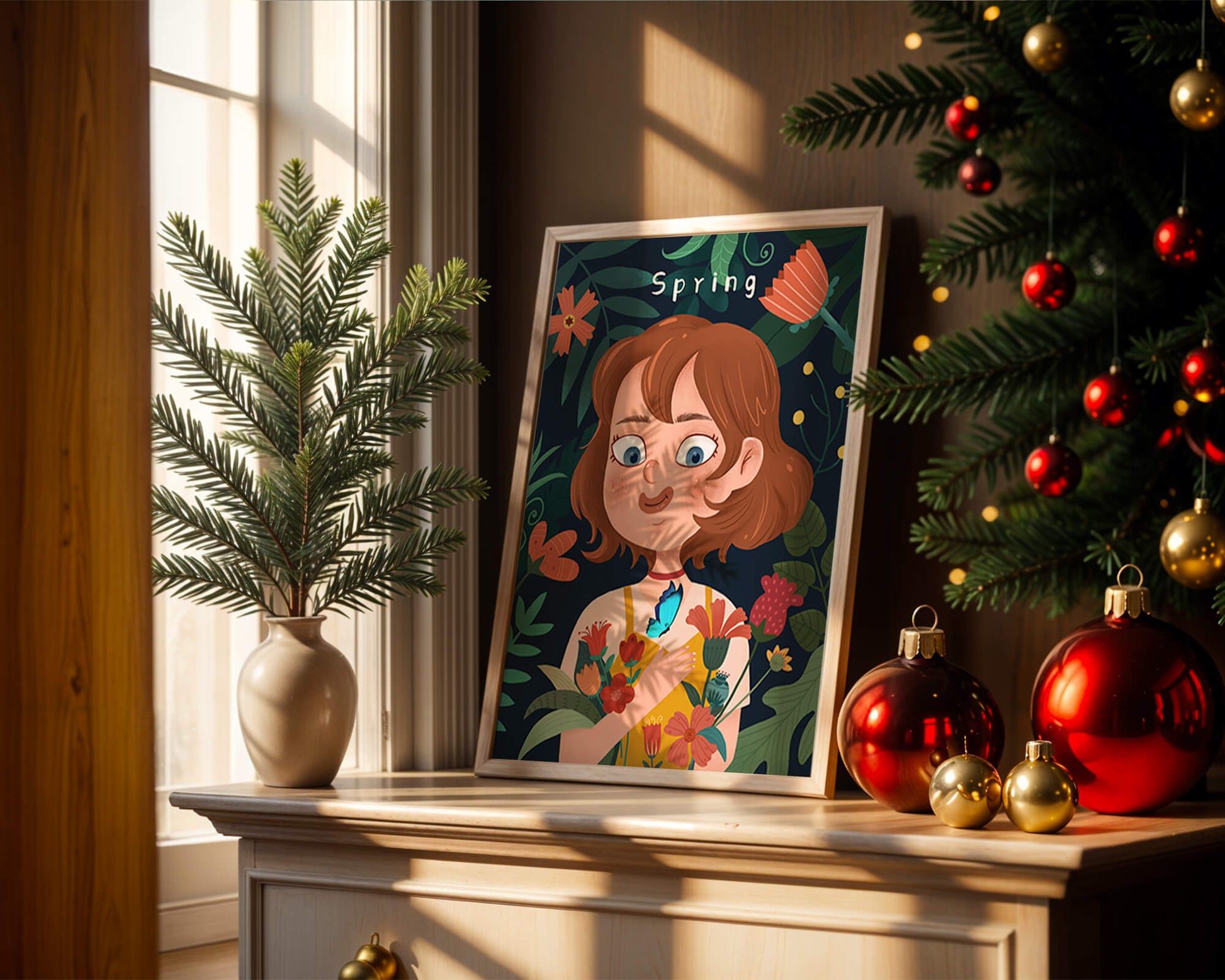 Ilustración primaveral encantadora con flores y mariposa