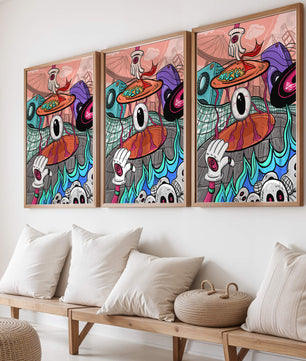 Ilustración abstracta surrealista colorida con un ojo vívido y elementos surrealistas