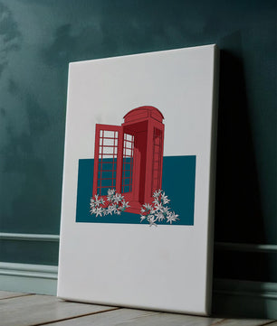 A Pink Phone Booth Surrounded by Flowers on a Teal Background