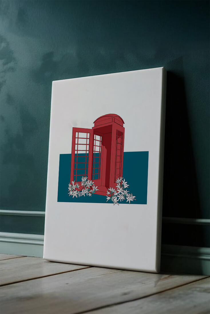 A Pink Phone Booth Surrounded by Flowers on a Teal Background