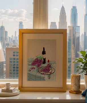 Still Life with Grapes and Wine Bottle on a Checkered Tablecloth - Mi tienda