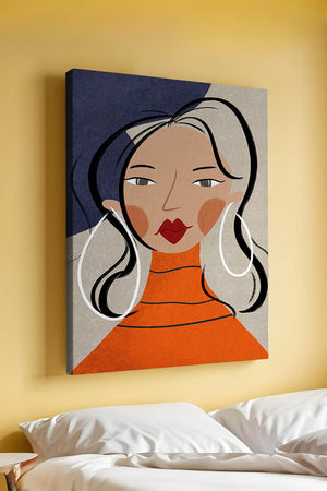 Colorful abstract portrait featuring a woman with red lips and hoop earrings on textured background - Mi tienda