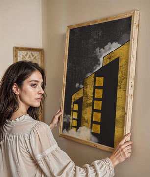 Ilustración arquitectónica artística con elementos dorados y cielo nocturno
