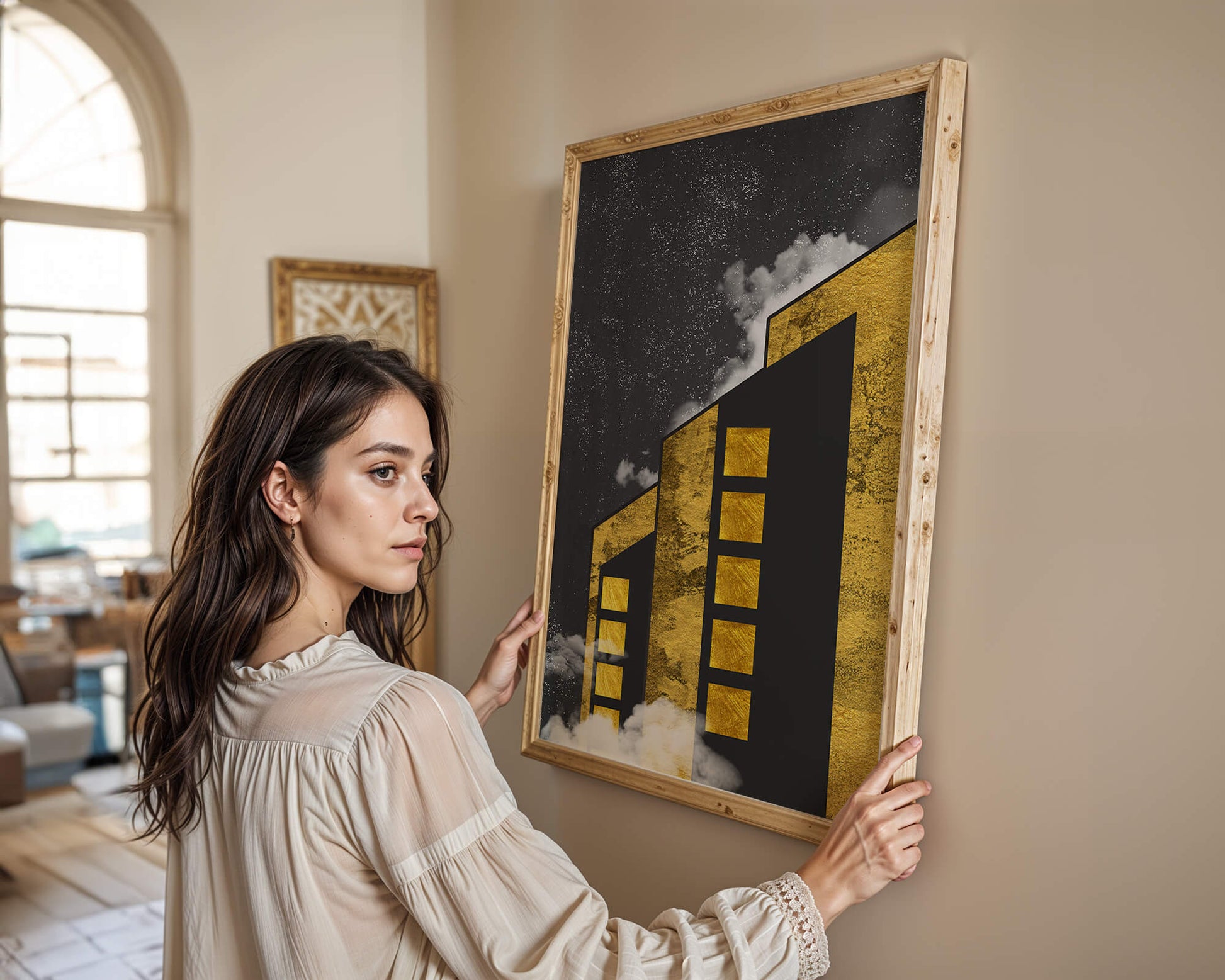 Artistic architectural illustration with golden elements and night sky
