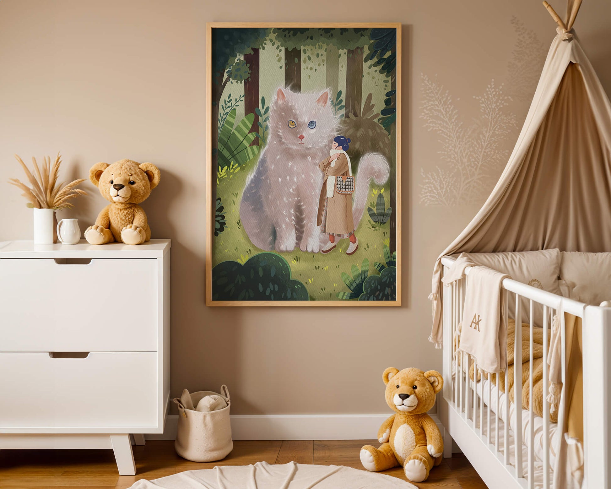 Verzauberter Wald mit einer riesigen Katze und einer Frau