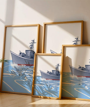 Illustrative depiction of a warship sailing on calm waters
