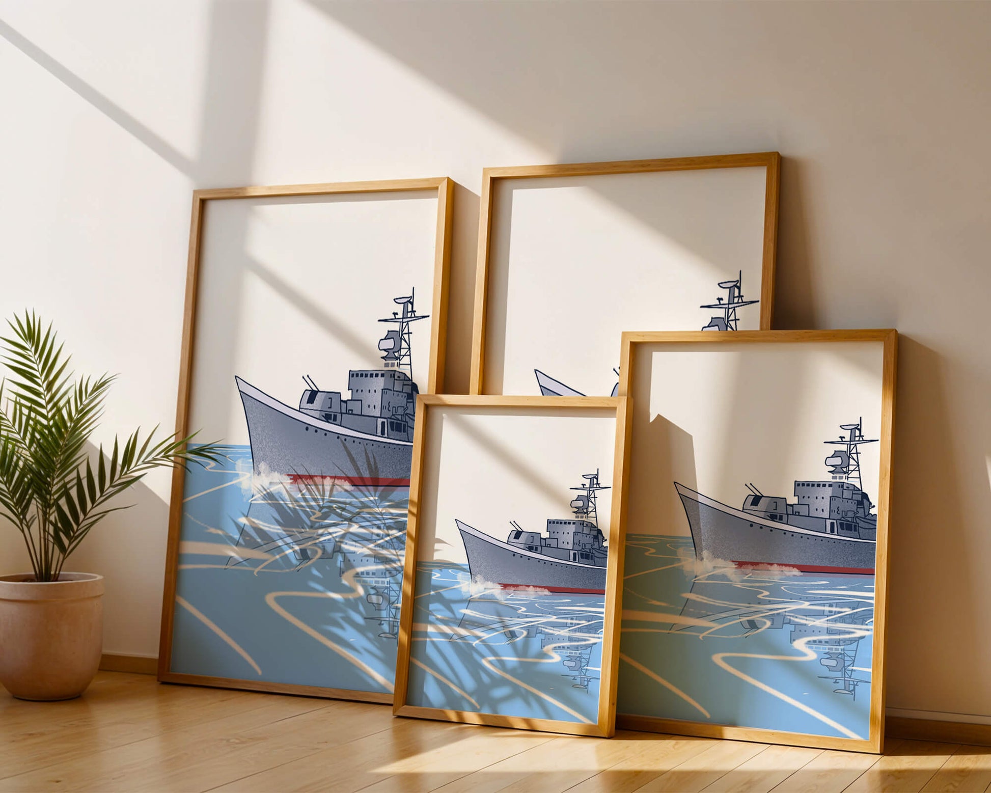 Illustrative depiction of a warship sailing on calm waters
