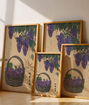 Basket Of Grapes With Vine Leaves In Traditional Style