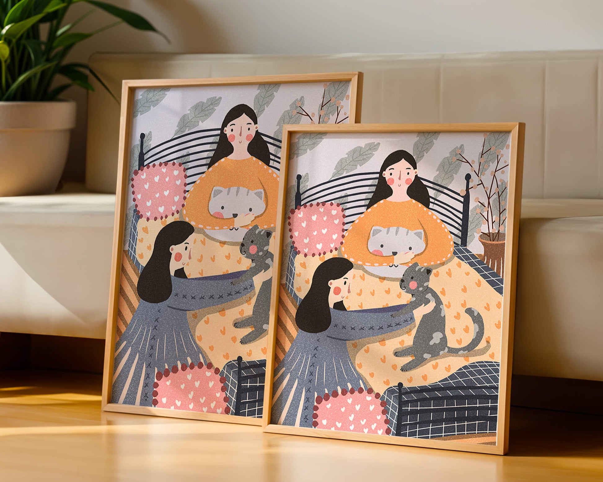 Escena interior acogedora con mujeres, gatos y elementos decorativos