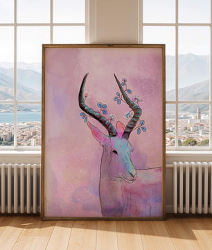 Pastel watercolor illustration of antelope with floral horns