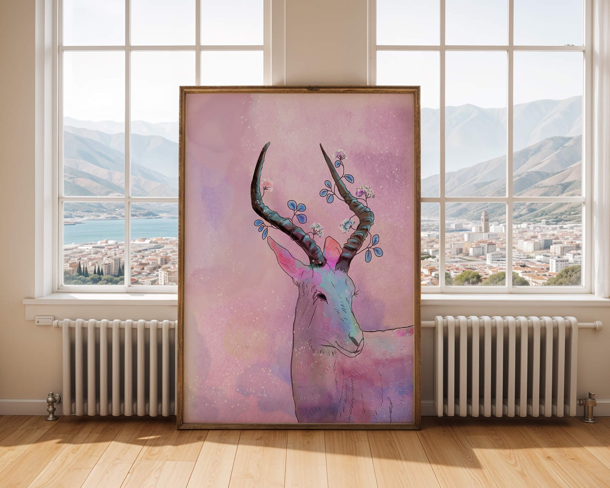 Pastel watercolor illustration of antelope with floral horns