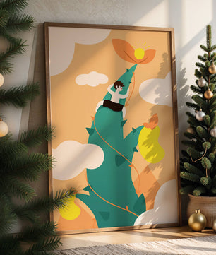 Man Climbing Giant Beanstalk Reaching to Sun in Minimalist Style - Mi tienda