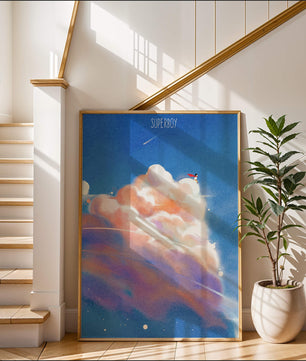 Whimsical illustration of superboy with dreamy cloudscape