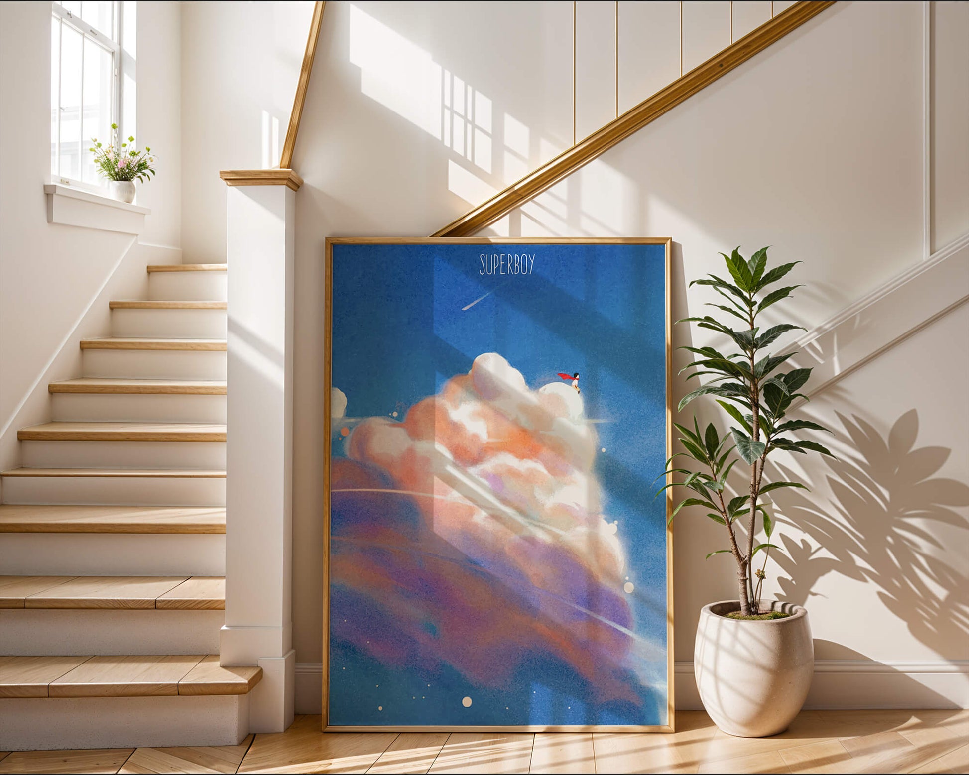 Whimsical illustration of superboy with dreamy cloudscape