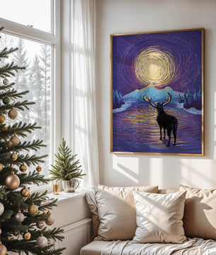 Moose Under Starry Night Sky with Radiant Moon