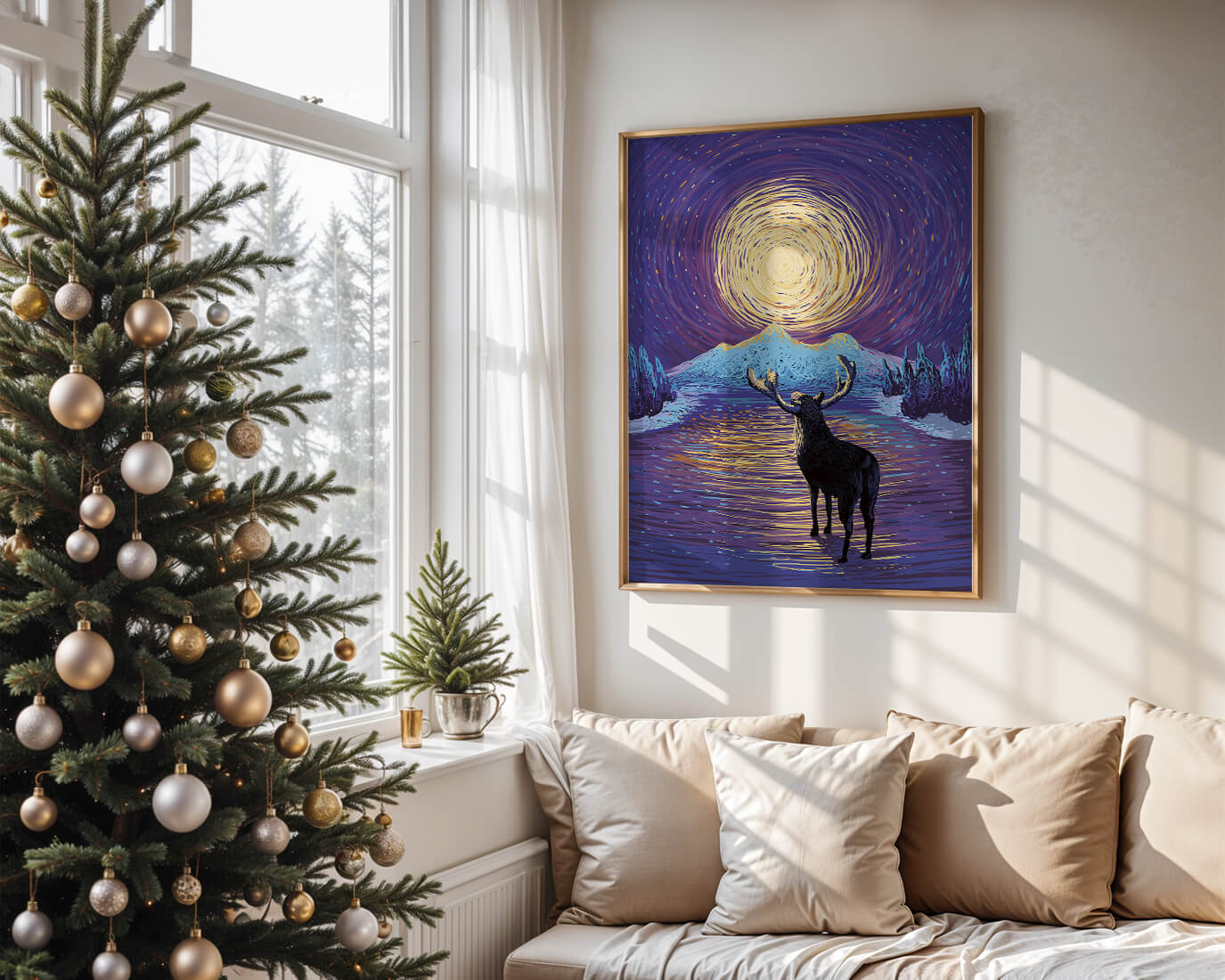 Moose Under Starry Night Sky with Radiant Moon