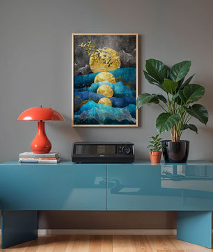 Abstract Landscape with Golden Sun and Flying Birds