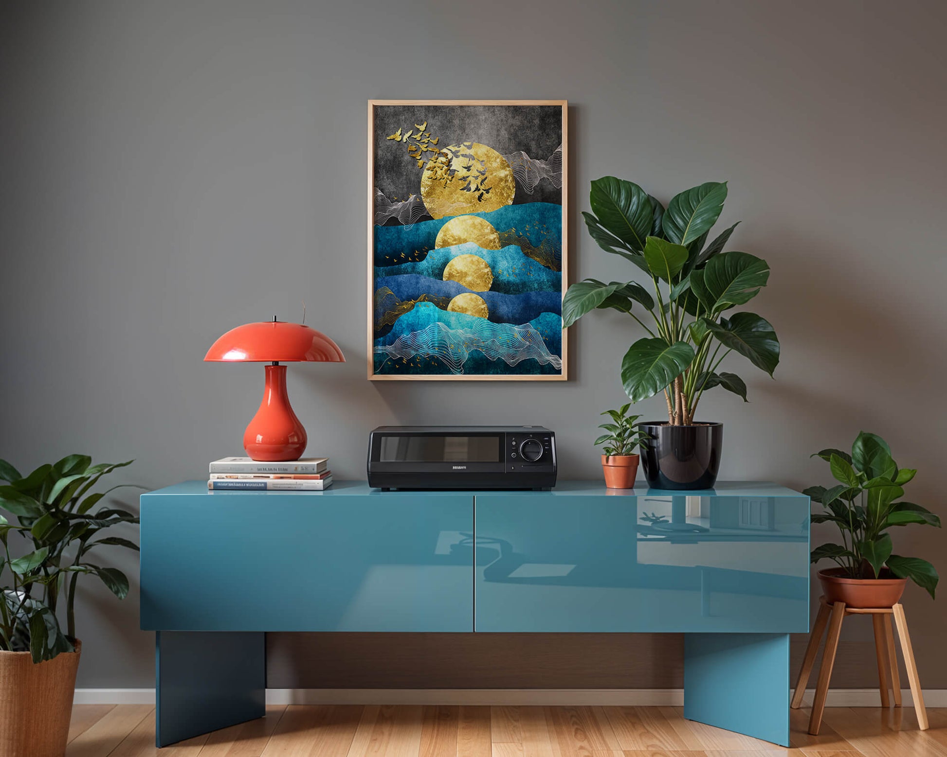 Abstract Landscape with Golden Sun and Flying Birds