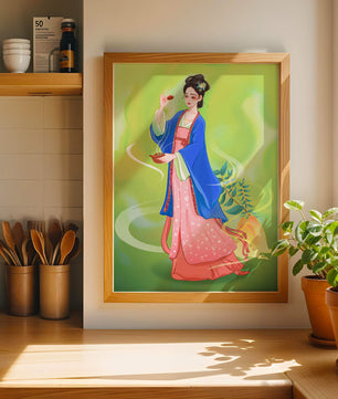 Diseño elegante de mujer en vestimenta tradicional del Este Asiático