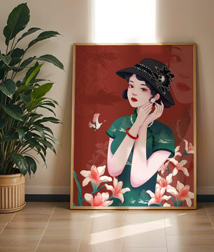 Elegant woman in vintage attire with floral hat and lilies