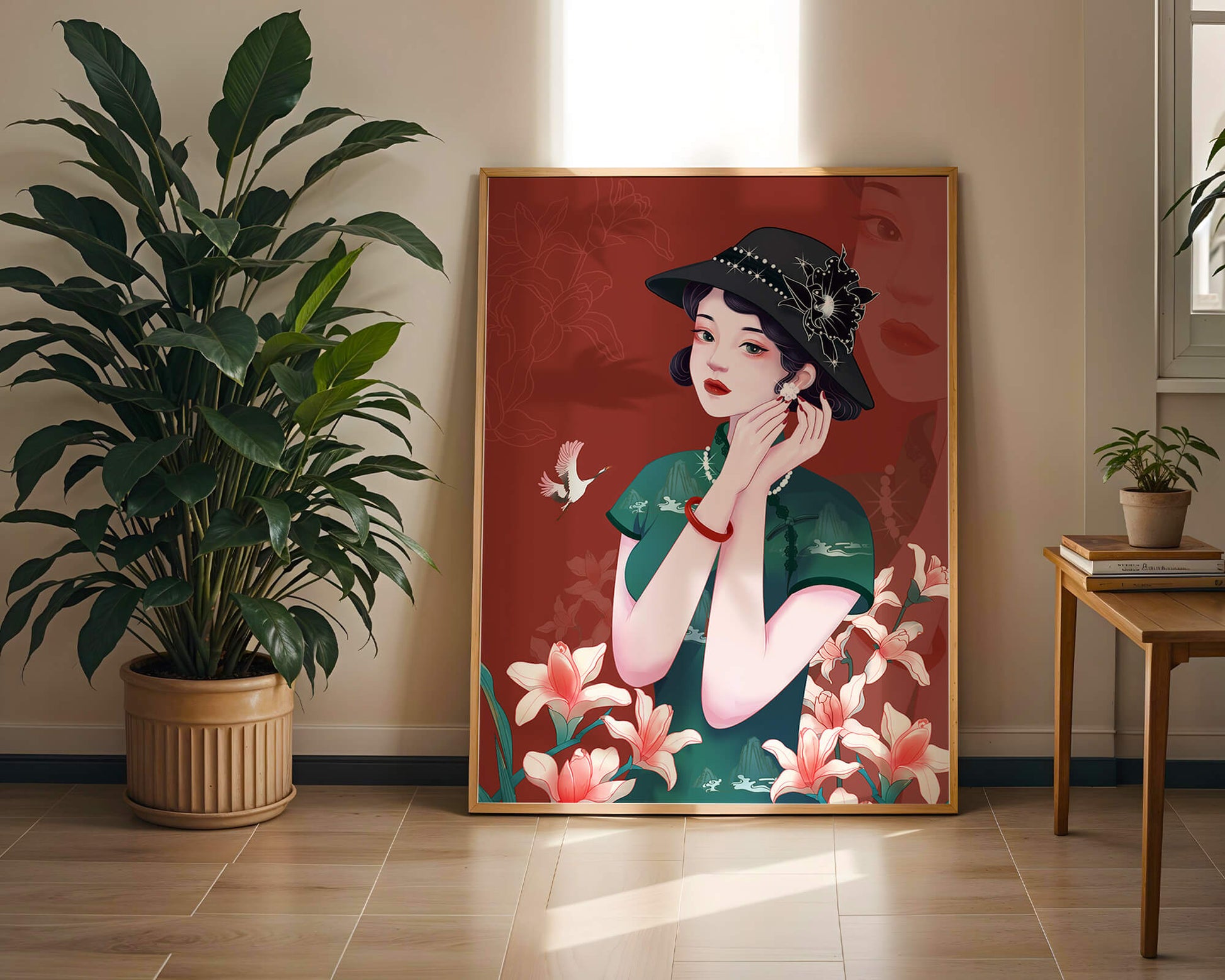 Elegant woman in vintage attire with floral hat and lilies