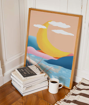 Abstract Landscape with Yellow Crescent and Pastel Colors