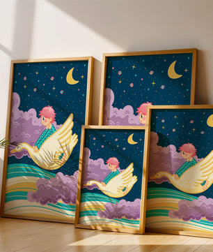 Child flying on a goose through a magical night sky illustration
