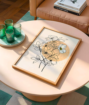 Ilustración floral minimalista con tonos pastel y fondos abstractos
