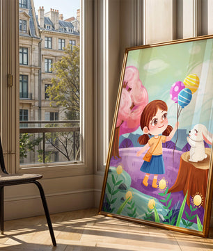 Charming Landscape with Girl Holding Balloons and White Bunny in Enchanted Forest