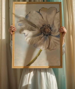 Art captivant de fleurs blanches avec des nuances de bleu sur un fond pastel