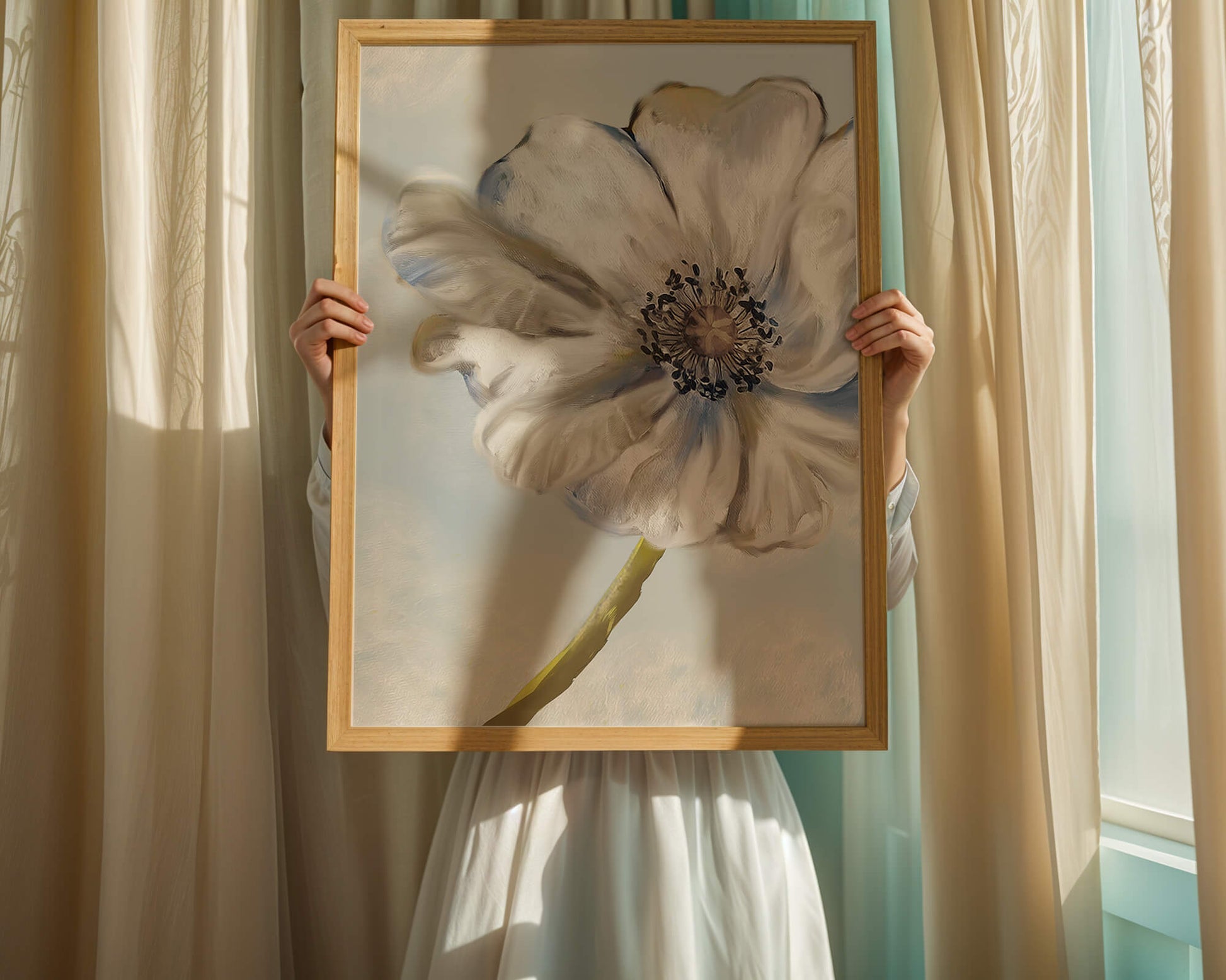 Captivating white flower art with blue hues on a pastel background