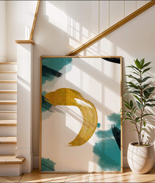 Abstract Gold and Teal Brush Strokes on White Background
