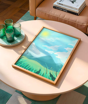 Sunny Day Overlooking a Mountain Landscape with Rolling Hills and Blue Sky