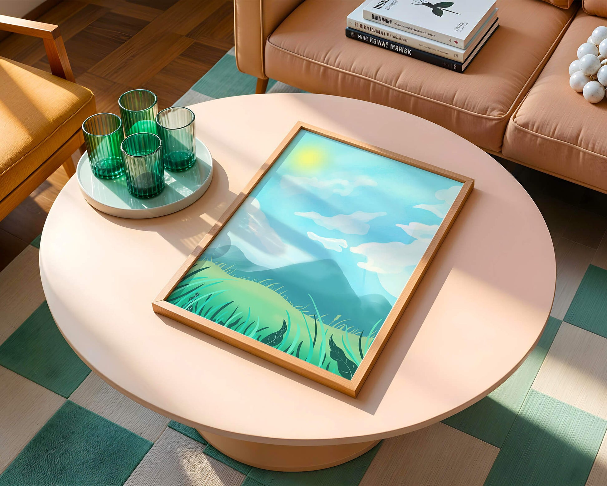 Sunny Day Overlooking a Mountain Landscape with Rolling Hills and Blue Sky
