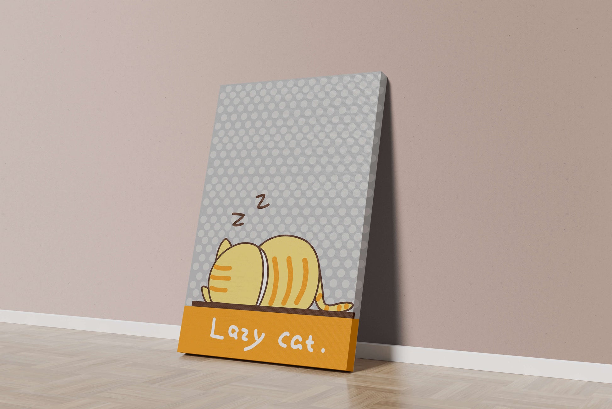 Sleeping cartoon cat with polka dot background