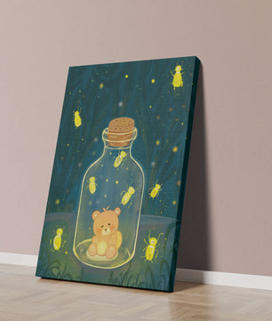 Charming teddy bear in a jar with glowing fireflies