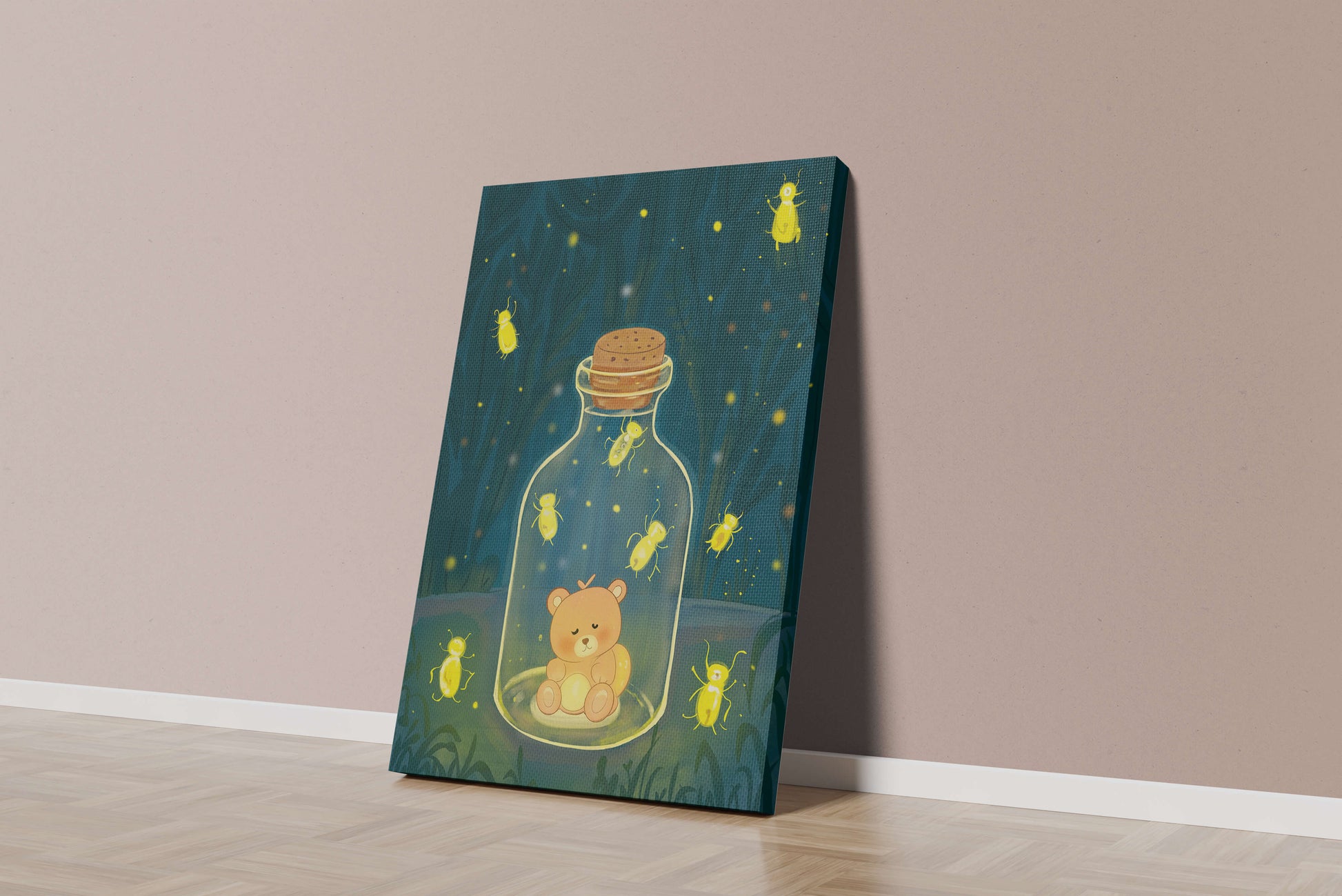 Charming teddy bear in a jar with glowing fireflies