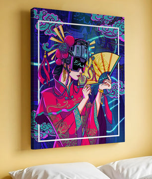 Geisha con traje futurista, elementos de neón y abanico