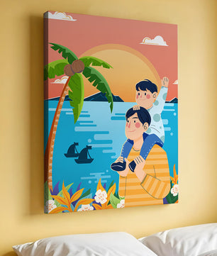 Un père et son fils profitent d’un coucher de soleil tropical avec des palmiers et des bateaux.