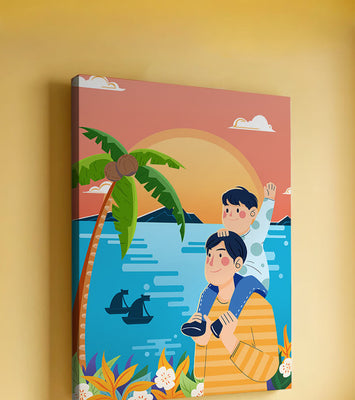 Father and son enjoying a tropical sunset with palm trees and boats