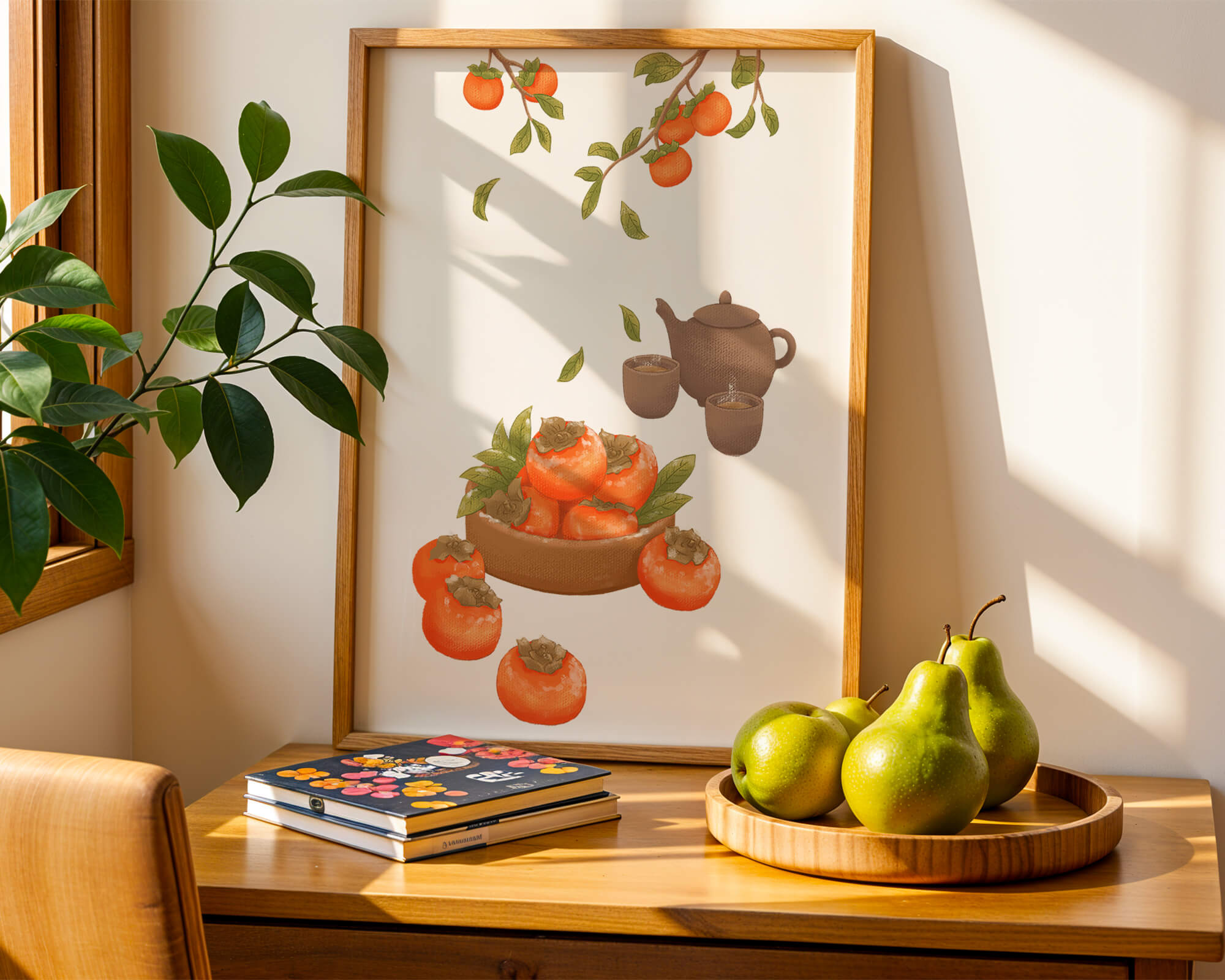 Cozy tea setting with persimmons and branches