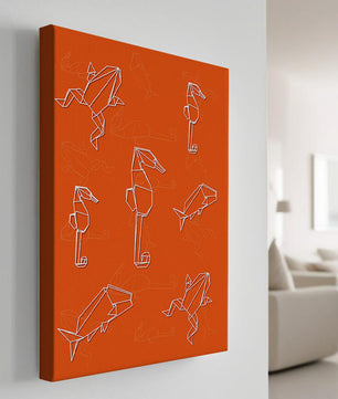 Geometrische Tiermuster auf leuchtend orangefarbenem Hintergrund