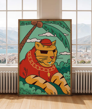 Stylish cartoon tiger lounging under a tropical palm tree with gold accessories