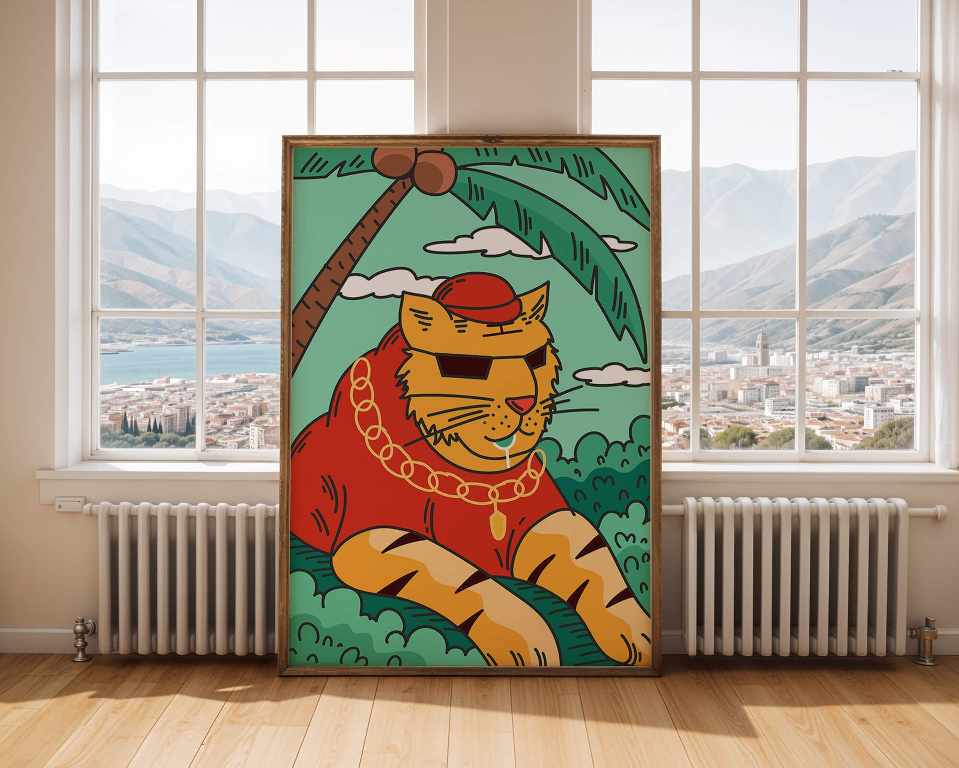 Stylish cartoon tiger lounging under a tropical palm tree with gold accessories