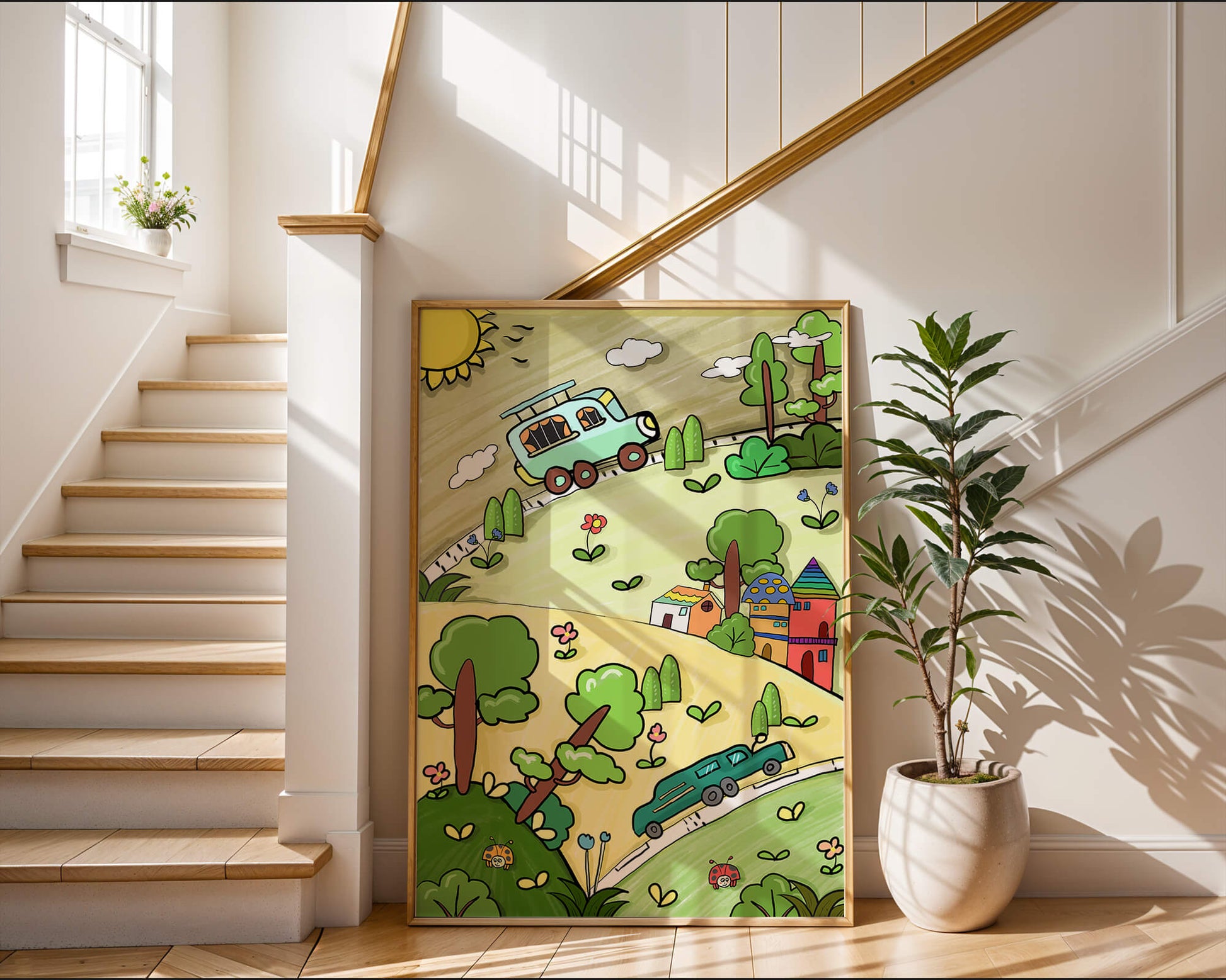 Whimsical landscape with houses, cars, and colorful flora