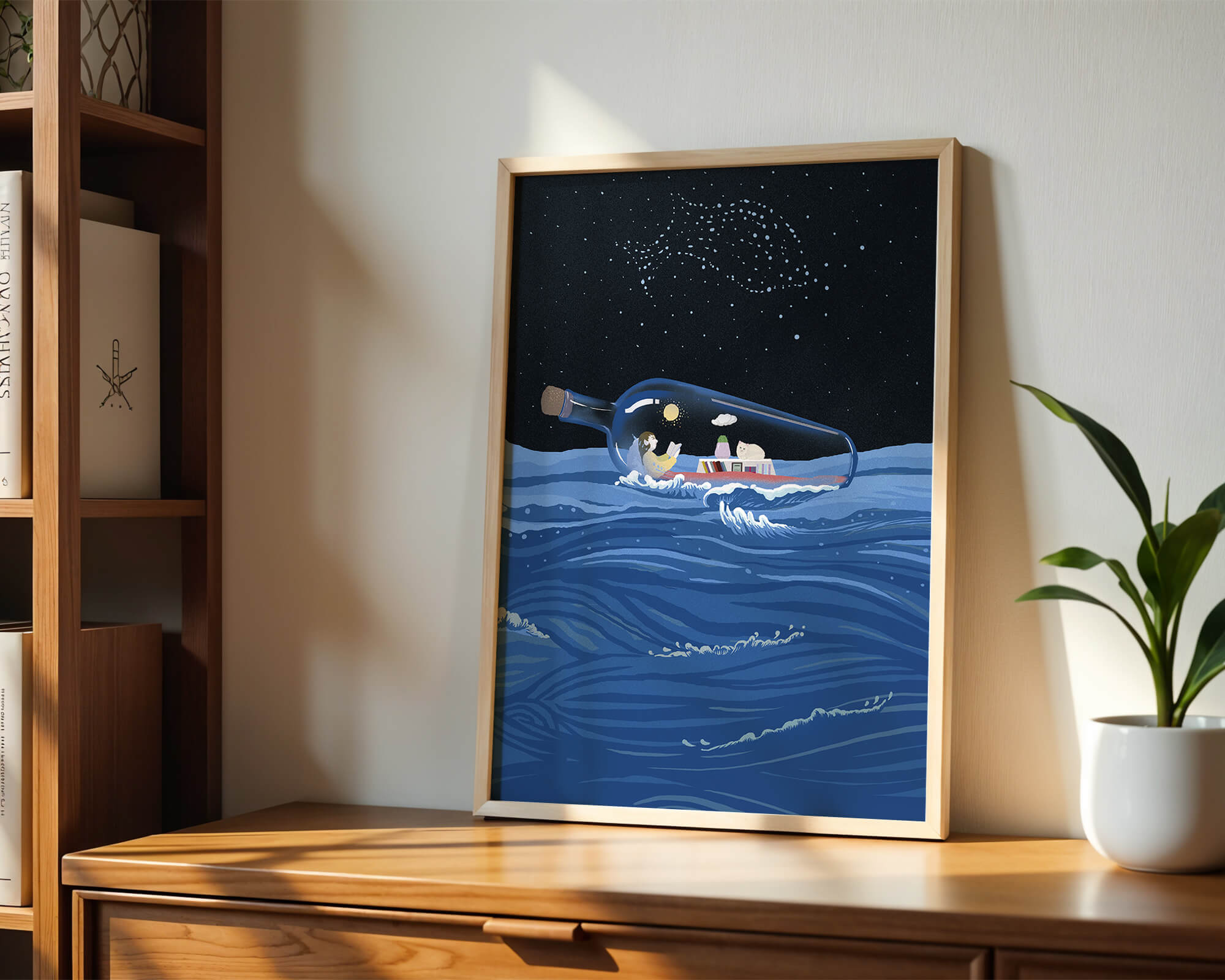 Surreal illustration of a bottle on the ocean with a starry night sky