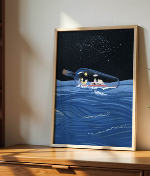 Surreal illustration of a bottle on the ocean with a starry night sky